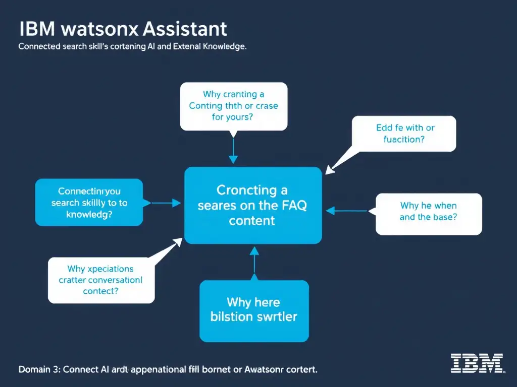 Educational infographic for IBM watsonx Assistant: visualize the concept of 'Connecting a search skill to a knowledge base containing the FAQ content' within the 'Domain 3: Connect AI and External Knowledge' domain. Use a clean diagram or layered flow showing how this capability fits into a conversational AI lifecycle — labeled boxes for key components, arrows showing data or conversation flow, IBM blue/navy color palette with white text callouts highlighting why this answer is correct.