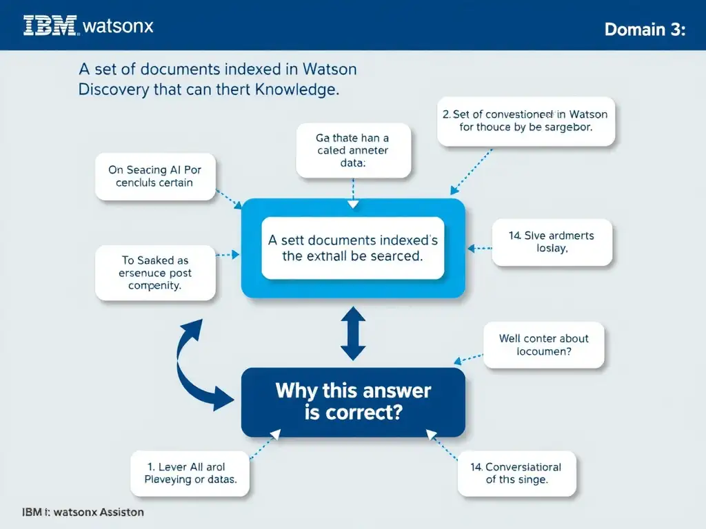 Educational infographic for IBM watsonx Assistant: visualize the concept of 'A set of documents indexed in Watson Discovery that can be searched' within the 'Domain 3: Connect AI and External Knowledge' domain. Use a clean diagram or layered flow showing how this capability fits into a conversational AI lifecycle — labeled boxes for key components, arrows showing data or conversation flow, IBM blue/navy color palette with white text callouts highlighting why this answer is correct.