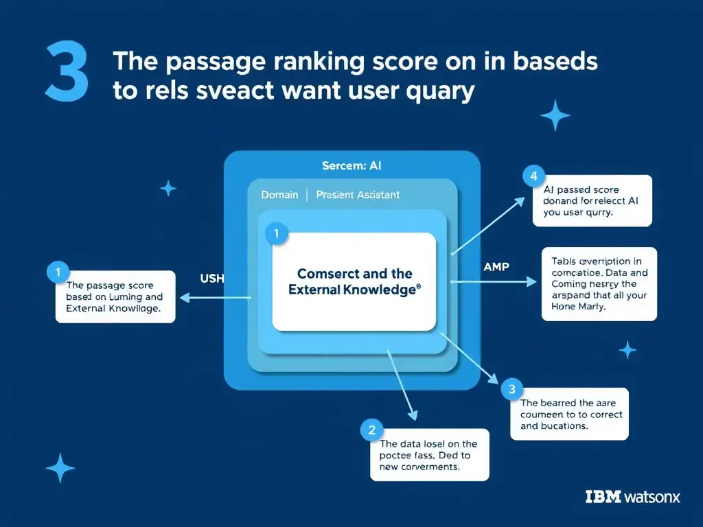 Educational infographic for IBM watsonx Assistant: visualize the concept of 'The passage ranking score based on relevance to the user query' within the 'Domain 3: Connect AI and External Knowledge' domain. Use a clean diagram or layered flow showing how this capability fits into a conversational AI lifecycle — labeled boxes for key components, arrows showing data or conversation flow, IBM blue/navy color palette with white text callouts highlighting why this answer is correct.