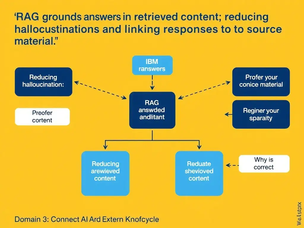 Educational infographic for IBM watsonx Assistant: visualize the concept of 'RAG grounds answers in retrieved content; reducing hallucinations and linking responses to source material' within the 'Domain 3: Connect AI and External Knowledge' domain. Use a clean diagram or layered flow showing how this capability fits into a conversational AI lifecycle — labeled boxes for key components, arrows showing data or conversation flow, IBM blue/navy color palette with white text callouts highlighting why this answer is correct.