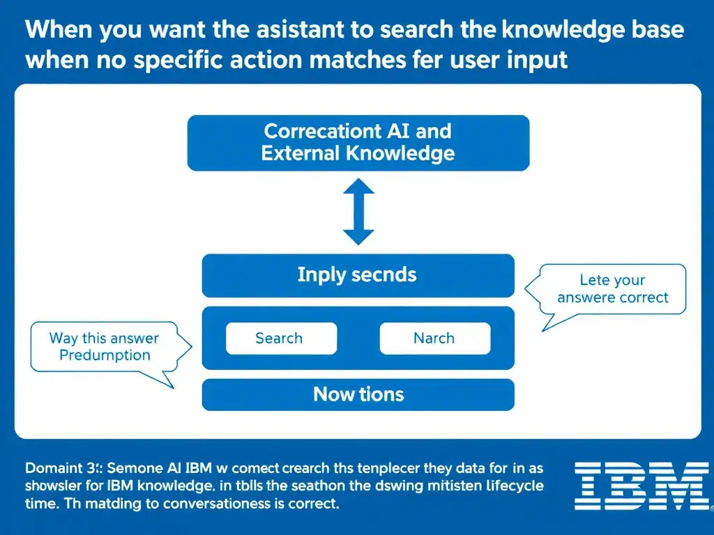 Educational infographic for IBM watsonx Assistant: visualize the concept of 'When you want the assistant to search the knowledge base only when no specific action matches the user input' within the 'Domain 3: Connect AI and External Knowledge' domain. Use a clean diagram or layered flow showing how this capability fits into a conversational AI lifecycle — labeled boxes for key components, arrows showing data or conversation flow, IBM blue/navy color palette with white text callouts highlighting why this answer is correct.