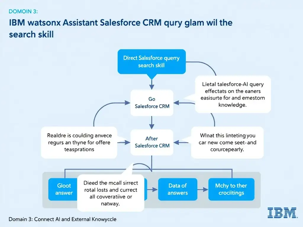 Educational infographic for IBM watsonx Assistant: visualize the concept of 'Direct Salesforce CRM query via the search skill' within the 'Domain 3: Connect AI and External Knowledge' domain. Use a clean diagram or layered flow showing how this capability fits into a conversational AI lifecycle — labeled boxes for key components, arrows showing data or conversation flow, IBM blue/navy color palette with white text callouts highlighting why this answer is correct.
