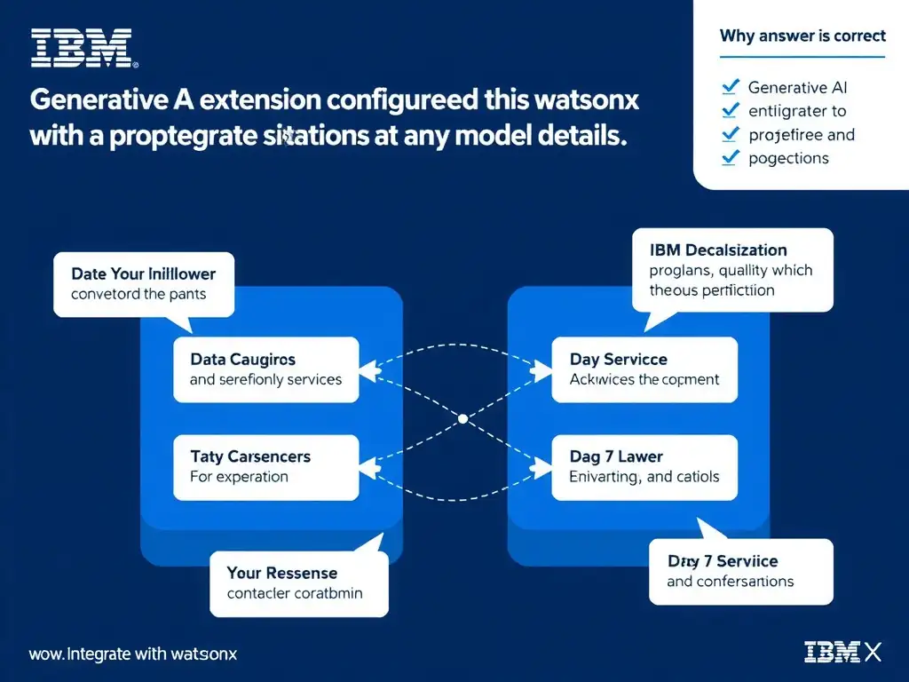 Educational infographic for IBM watsonx Assistant: visualize the concept of 'Generative AI extension configured with the watsonx.ai project and model details' within the 'Domain 4: Integrate with watsonx' domain. Use a clean diagram or layered flow showing how this capability fits into a conversational AI lifecycle — labeled boxes for key components, arrows showing data or conversation flow, IBM blue/navy color palette with white text callouts highlighting why this answer is correct.