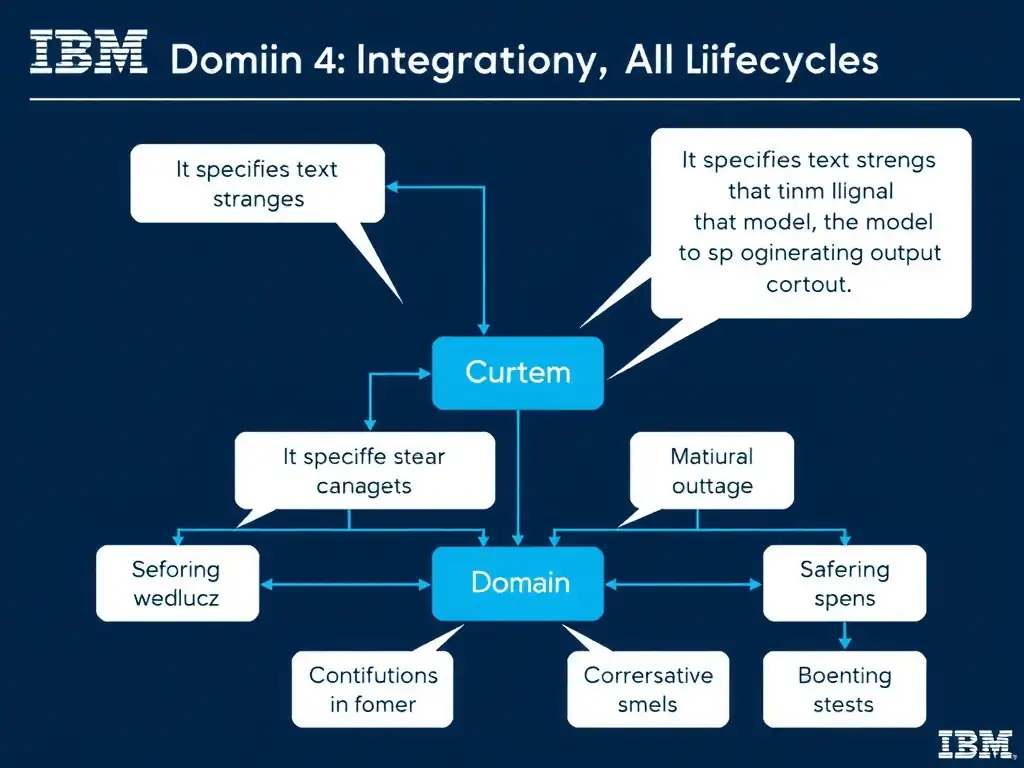 Educational infographic for IBM watsonx Assistant: visualize the concept of 'It specifies text strings that signal the model to stop generating output' within the 'Domain 4: Integrate with watsonx' domain. Use a clean diagram or layered flow showing how this capability fits into a conversational AI lifecycle — labeled boxes for key components, arrows showing data or conversation flow, IBM blue/navy color palette with white text callouts highlighting why this answer is correct.