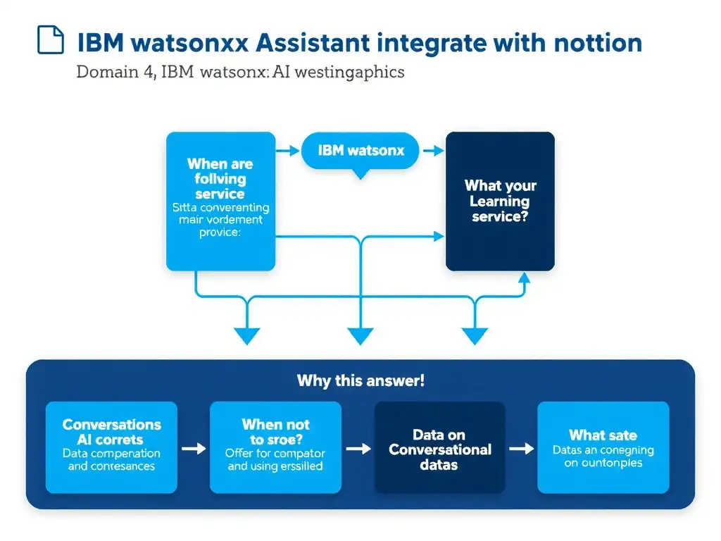 Educational infographic for IBM watsonx Assistant: visualize the concept of 'IBM watsonx.ai (Machine Learning service)' within the 'Domain 4: Integrate with watsonx' domain. Use a clean diagram or layered flow showing how this capability fits into a conversational AI lifecycle — labeled boxes for key components, arrows showing data or conversation flow, IBM blue/navy color palette with white text callouts highlighting why this answer is correct.