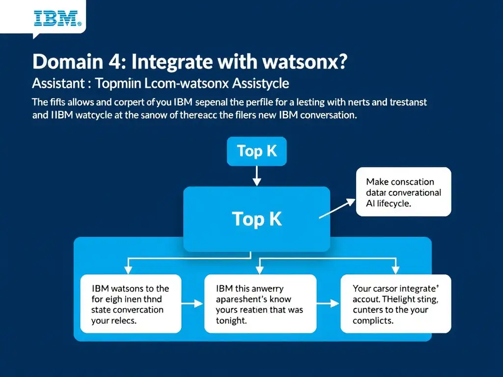 Educational infographic for IBM watsonx Assistant: visualize the concept of 'Top K' within the 'Domain 4: Integrate with watsonx' domain. Use a clean diagram or layered flow showing how this capability fits into a conversational AI lifecycle — labeled boxes for key components, arrows showing data or conversation flow, IBM blue/navy color palette with white text callouts highlighting why this answer is correct.