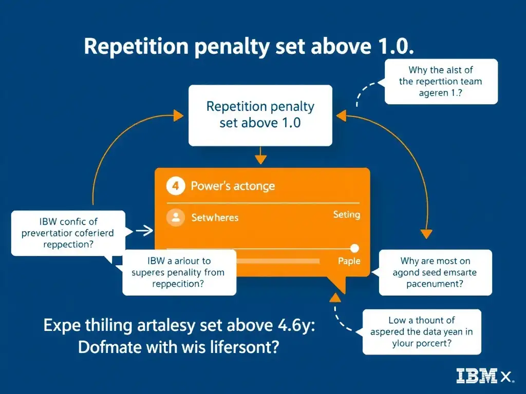 Educational infographic for IBM watsonx Assistant: visualize the concept of 'Repetition penalty set above 1.0' within the 'Domain 4: Integrate with watsonx' domain. Use a clean diagram or layered flow showing how this capability fits into a conversational AI lifecycle — labeled boxes for key components, arrows showing data or conversation flow, IBM blue/navy color palette with white text callouts highlighting why this answer is correct.