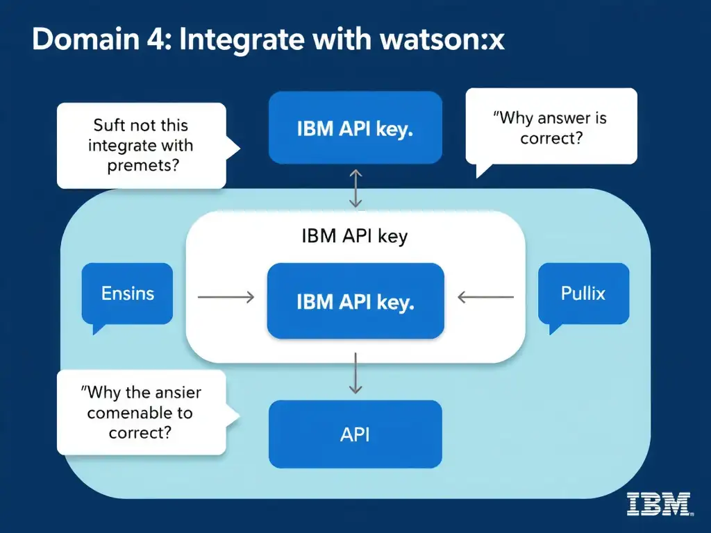 Educational infographic for IBM watsonx Assistant: visualize the concept of 'IBM Cloud API key' within the 'Domain 4: Integrate with watsonx' domain. Use a clean diagram or layered flow showing how this capability fits into a conversational AI lifecycle — labeled boxes for key components, arrows showing data or conversation flow, IBM blue/navy color palette with white text callouts highlighting why this answer is correct.