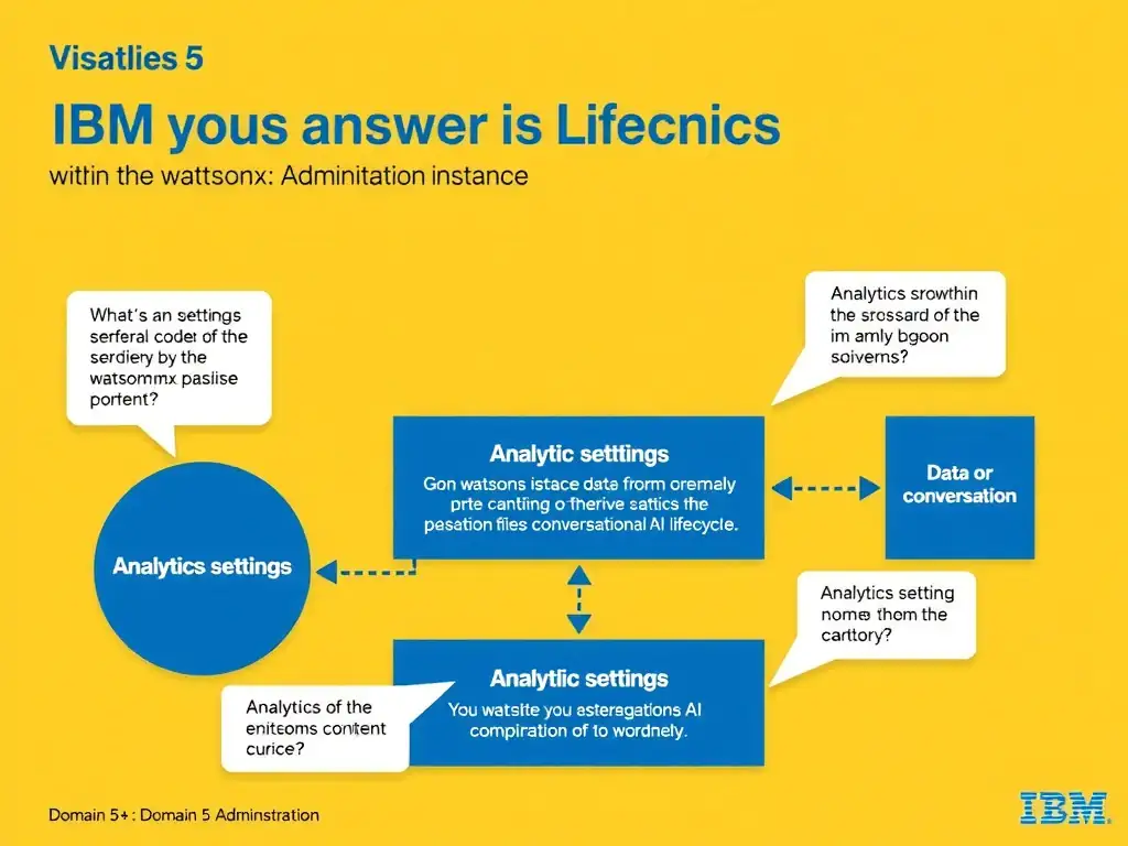 Educational infographic for IBM watsonx Assistant: visualize the concept of 'Analytics settings within the watsonx Assistant instance' within the 'Domain 5: Administration' domain. Use a clean diagram or layered flow showing how this capability fits into a conversational AI lifecycle — labeled boxes for key components, arrows showing data or conversation flow, IBM blue/navy color palette with white text callouts highlighting why this answer is correct.