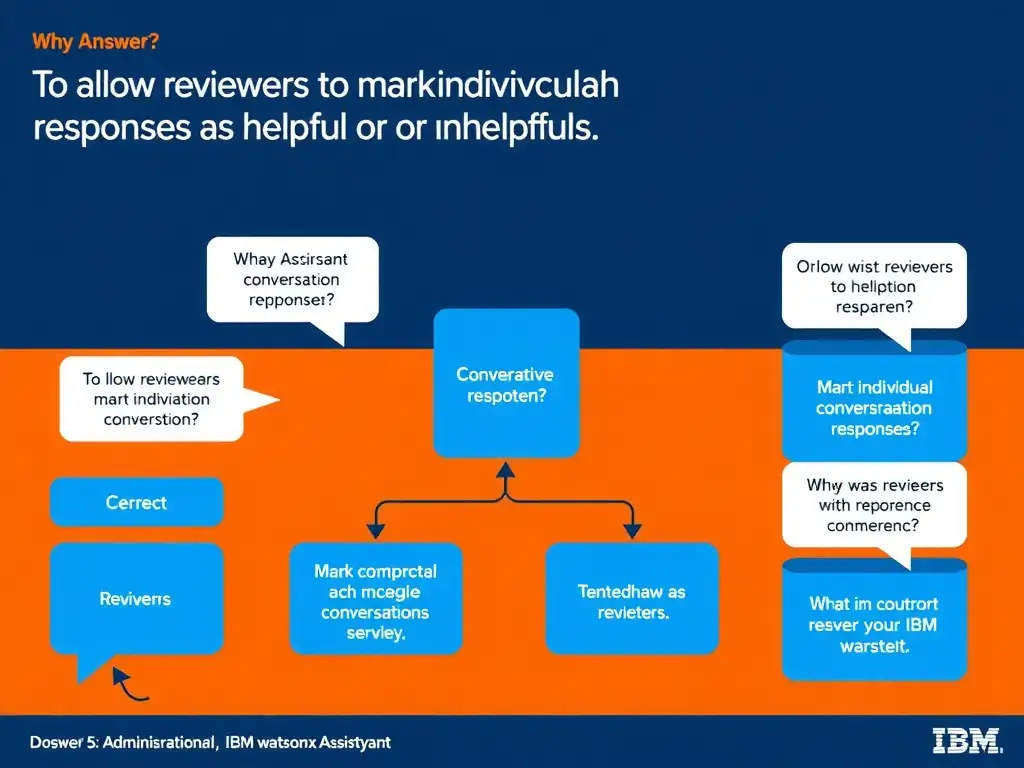 Educational infographic for IBM watsonx Assistant: visualize the concept of 'To allow reviewers to mark individual conversation responses as helpful or unhelpful' within the 'Domain 5: Administration' domain. Use a clean diagram or layered flow showing how this capability fits into a conversational AI lifecycle — labeled boxes for key components, arrows showing data or conversation flow, IBM blue/navy color palette with white text callouts highlighting why this answer is correct.