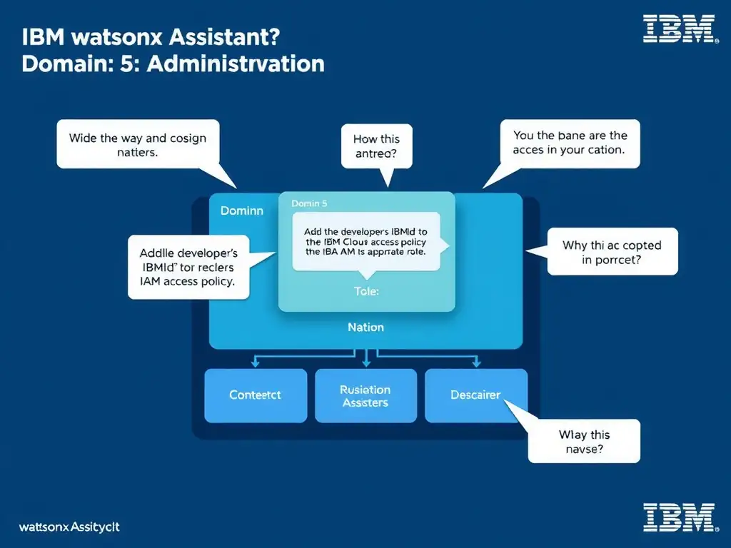 Educational infographic for IBM watsonx Assistant: visualize the concept of 'Add the developer's IBMid to the IBM Cloud IAM access policy with the appropriate role' within the 'Domain 5: Administration' domain. Use a clean diagram or layered flow showing how this capability fits into a conversational AI lifecycle — labeled boxes for key components, arrows showing data or conversation flow, IBM blue/navy color palette with white text callouts highlighting why this answer is correct.