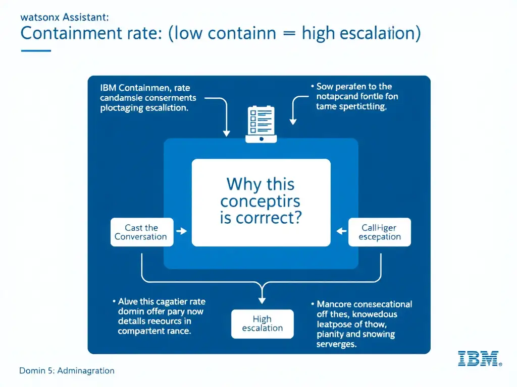 Educational infographic for IBM watsonx Assistant: visualize the concept of 'Containment rate (low containment = high escalation)' within the 'Domain 5: Administration' domain. Use a clean diagram or layered flow showing how this capability fits into a conversational AI lifecycle — labeled boxes for key components, arrows showing data or conversation flow, IBM blue/navy color palette with white text callouts highlighting why this answer is correct.