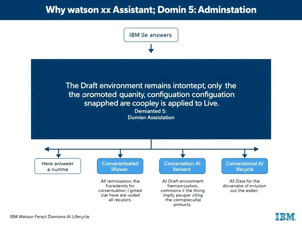 Educational infographic for IBM watsonx Assistant: visualize the concept of 'The Draft environment remains intact; only the promoted configuration snapshot is applied to Live' within the 'Domain 5: Administration' domain. Use a clean diagram or layered flow showing how this capability fits into a conversational AI lifecycle — labeled boxes for key components, arrows showing data or conversation flow, IBM blue/navy color palette with white text callouts highlighting why this answer is correct.
