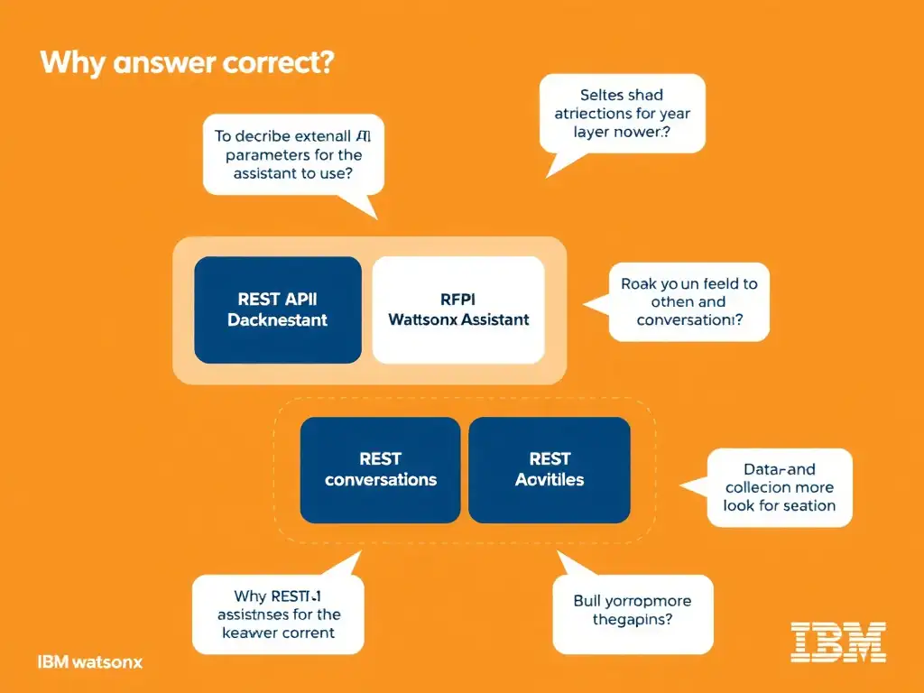 Educational infographic for IBM watsonx Assistant: visualize the concept of 'To describe the external REST API endpoints; parameters; and response structure for the assistant to use' within the 'Domain 6: Build Back-End Integrations' domain. Use a clean diagram or layered flow showing how this capability fits into a conversational AI lifecycle — labeled boxes for key components, arrows showing data or conversation flow, IBM blue/navy color palette with white text callouts highlighting why this answer is correct.