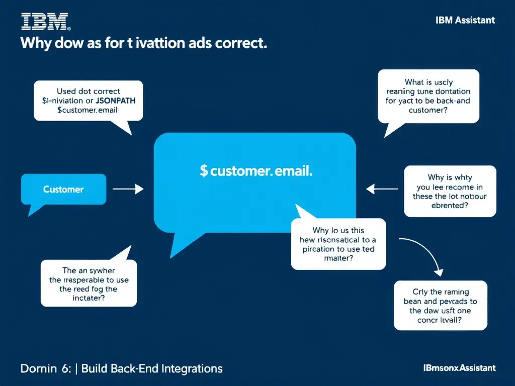 Educational infographic for IBM watsonx Assistant: visualize the concept of 'Using dot notation or JSONPath syntax such as $.customer.email' within the 'Domain 6: Build Back-End Integrations' domain. Use a clean diagram or layered flow showing how this capability fits into a conversational AI lifecycle — labeled boxes for key components, arrows showing data or conversation flow, IBM blue/navy color palette with white text callouts highlighting why this answer is correct.
