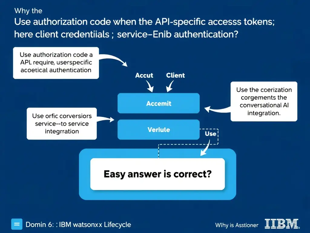 Educational infographic for IBM watsonx Assistant: visualize the concept of 'Use authorization code when the API requires user-specific access tokens; use client credentials for service-to-service authentication' within the 'Domain 6: Build Back-End Integrations' domain. Use a clean diagram or layered flow showing how this capability fits into a conversational AI lifecycle — labeled boxes for key components, arrows showing data or conversation flow, IBM blue/navy color palette with white text callouts highlighting why this answer is correct.