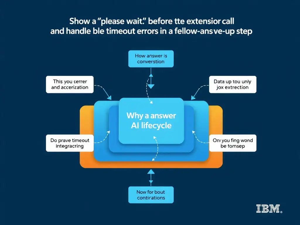 Educational infographic for IBM watsonx Assistant: visualize the concept of 'Show a 'please wait' message before the extension call and handle timeout errors in a follow-up step' within the 'Domain 6: Build Back-End Integrations' domain. Use a clean diagram or layered flow showing how this capability fits into a conversational AI lifecycle — labeled boxes for key components, arrows showing data or conversation flow, IBM blue/navy color palette with white text callouts highlighting why this answer is correct.