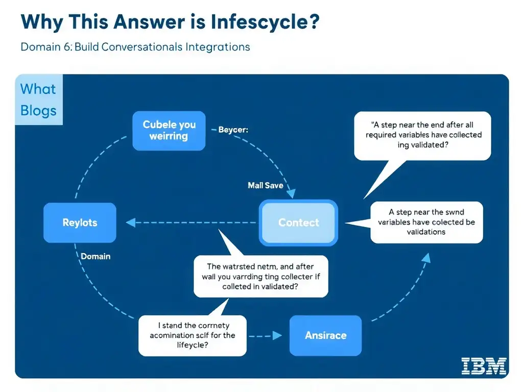 Educational infographic for IBM watsonx Assistant: visualize the concept of 'A step near the end after all required variables have been collected and validated' within the 'Domain 6: Build Back-End Integrations' domain. Use a clean diagram or layered flow showing how this capability fits into a conversational AI lifecycle — labeled boxes for key components, arrows showing data or conversation flow, IBM blue/navy color palette with white text callouts highlighting why this answer is correct.