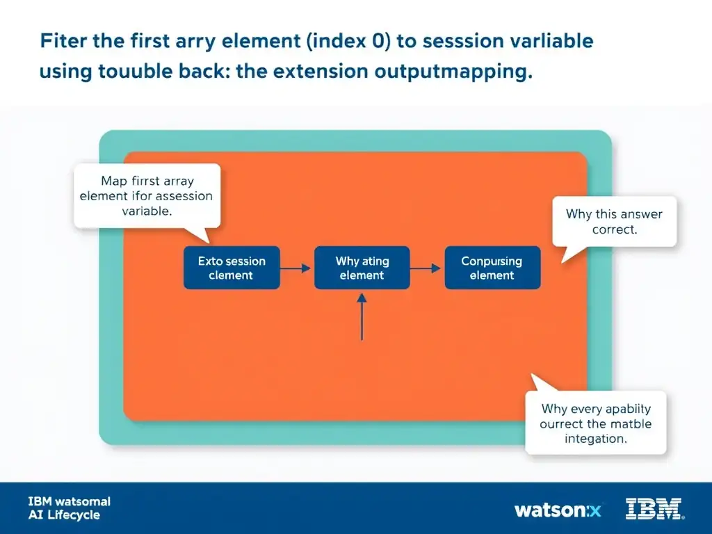 Educational infographic for IBM watsonx Assistant: visualize the concept of 'Map the first array element (index 0) to a session variable using the extension output mapping' within the 'Domain 6: Build Back-End Integrations' domain. Use a clean diagram or layered flow showing how this capability fits into a conversational AI lifecycle — labeled boxes for key components, arrows showing data or conversation flow, IBM blue/navy color palette with white text callouts highlighting why this answer is correct.
