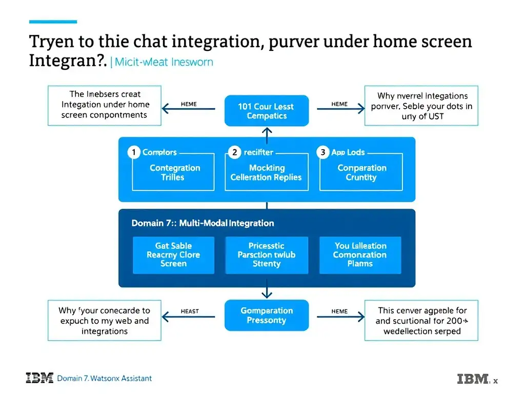 Educational infographic for IBM watsonx Assistant: visualize the concept of 'In the web chat integration settings under home screen configuration' within the 'Domain 7: Multi-Modal Integration' domain. Use a clean diagram or layered flow showing how this capability fits into a conversational AI lifecycle — labeled boxes for key components, arrows showing data or conversation flow, IBM blue/navy color palette with white text callouts highlighting why this answer is correct.