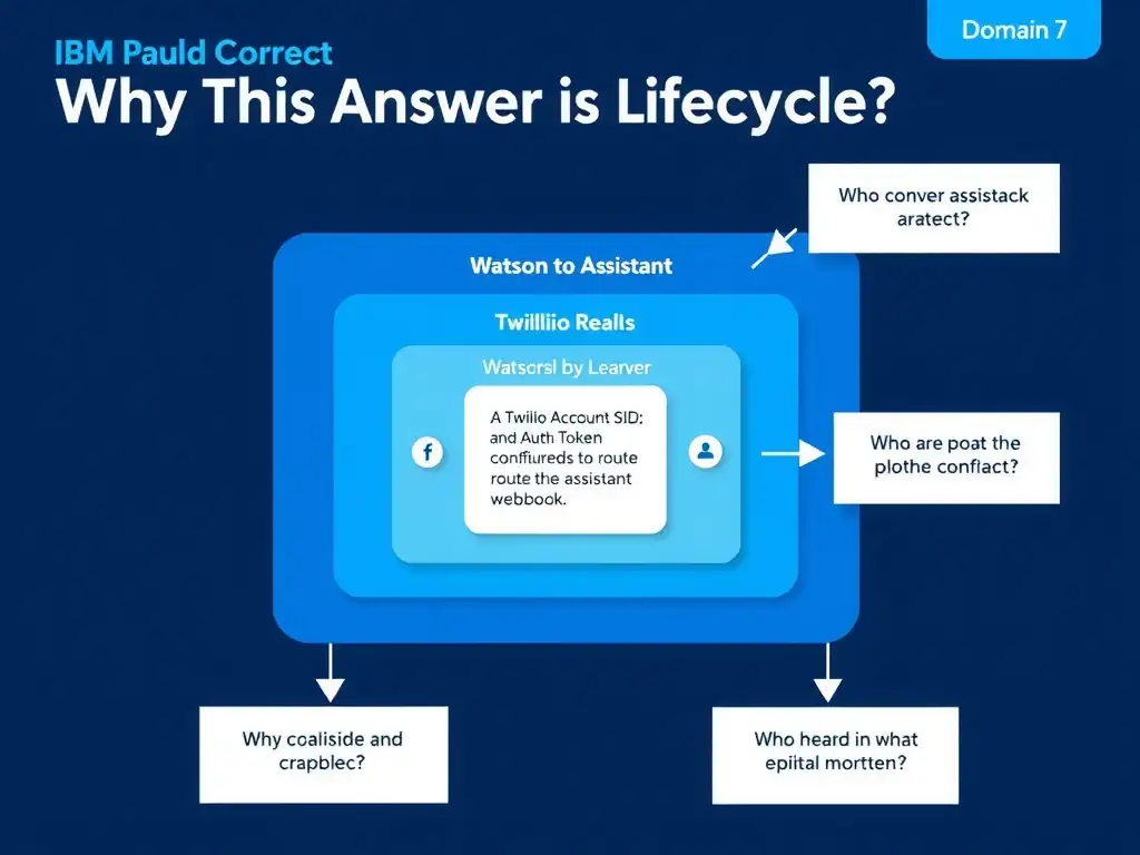 Educational infographic for IBM watsonx Assistant: visualize the concept of 'A Twilio Account SID; Auth Token; and a Twilio phone number configured to route to the assistant webhook' within the 'Domain 7: Multi-Modal Integration' domain. Use a clean diagram or layered flow showing how this capability fits into a conversational AI lifecycle — labeled boxes for key components, arrows showing data or conversation flow, IBM blue/navy color palette with white text callouts highlighting why this answer is correct.