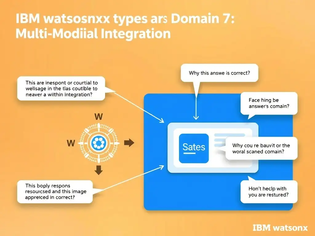 Educational infographic for IBM watsonx Assistant: visualize the concept of 'Image response types and iFrame embeds' within the 'Domain 7: Multi-Modal Integration' domain. Use a clean diagram or layered flow showing how this capability fits into a conversational AI lifecycle — labeled boxes for key components, arrows showing data or conversation flow, IBM blue/navy color palette with white text callouts highlighting why this answer is correct.