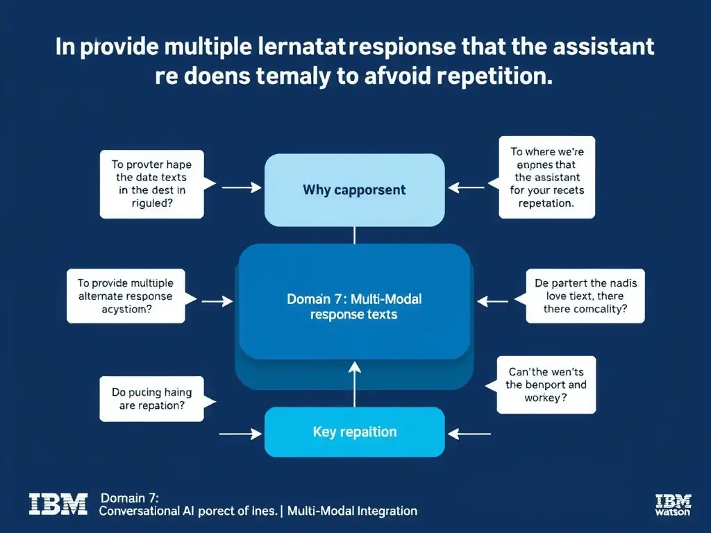 Educational infographic for IBM watsonx Assistant: visualize the concept of 'To provide multiple alternate response texts that the assistant randomly selects to avoid repetition' within the 'Domain 7: Multi-Modal Integration' domain. Use a clean diagram or layered flow showing how this capability fits into a conversational AI lifecycle — labeled boxes for key components, arrows showing data or conversation flow, IBM blue/navy color palette with white text callouts highlighting why this answer is correct.