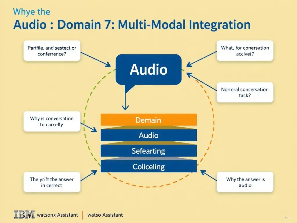 Educational infographic for IBM watsonx Assistant: visualize the concept of 'Audio' within the 'Domain 7: Multi-Modal Integration' domain. Use a clean diagram or layered flow showing how this capability fits into a conversational AI lifecycle — labeled boxes for key components, arrows showing data or conversation flow, IBM blue/navy color palette with white text callouts highlighting why this answer is correct.