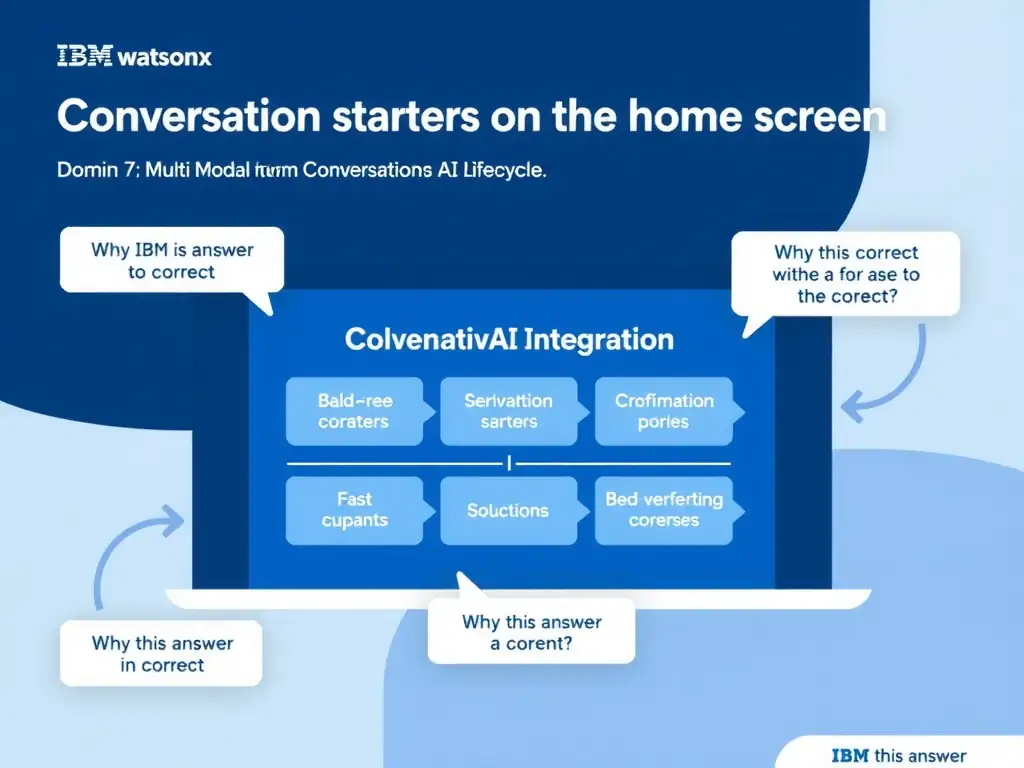 Educational infographic for IBM watsonx Assistant: visualize the concept of 'Conversation starters on the home screen' within the 'Domain 7: Multi-Modal Integration' domain. Use a clean diagram or layered flow showing how this capability fits into a conversational AI lifecycle — labeled boxes for key components, arrows showing data or conversation flow, IBM blue/navy color palette with white text callouts highlighting why this answer is correct.