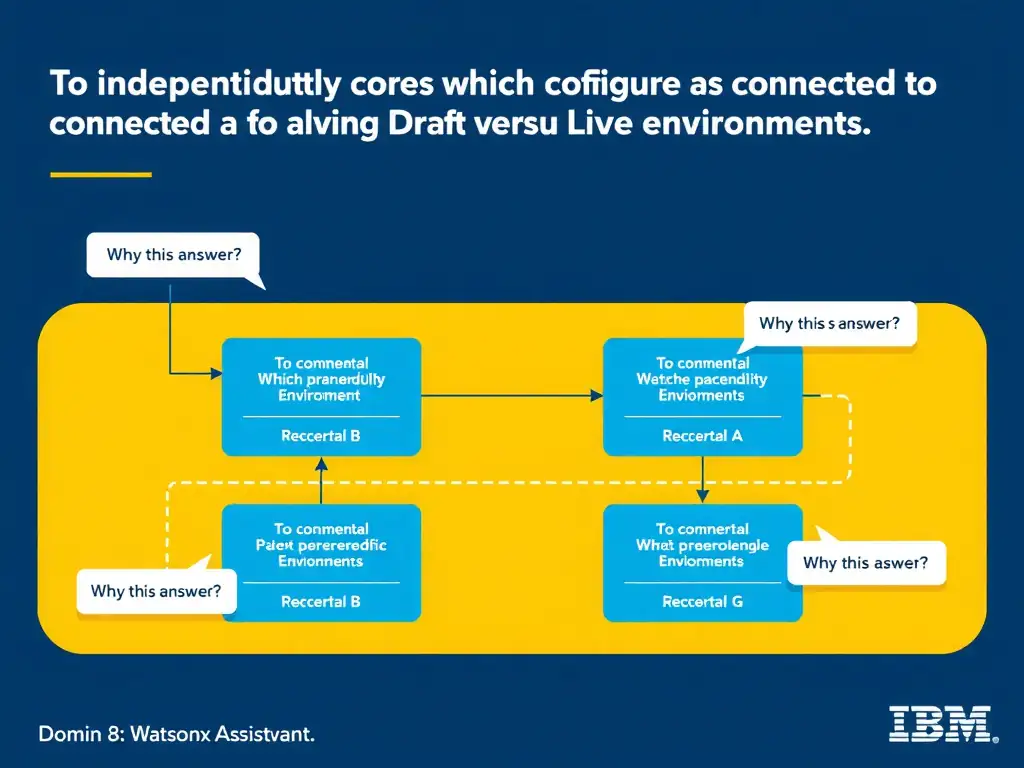 Educational infographic for IBM watsonx Assistant: visualize the concept of 'To independently configure which channels are connected to Draft versus Live environments' within the 'Domain 8: Publish Across Multiple Environments' domain. Use a clean diagram or layered flow showing how this capability fits into a conversational AI lifecycle — labeled boxes for key components, arrows showing data or conversation flow, IBM blue/navy color palette with white text callouts highlighting why this answer is correct.
