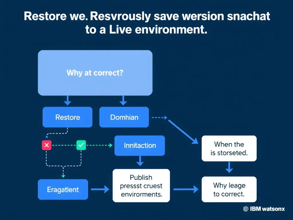 Educational infographic for IBM watsonx Assistant: visualize the concept of 'Restore a previously saved version snapshot to the Live environment' within the 'Domain 8: Publish Across Multiple Environments' domain. Use a clean diagram or layered flow showing how this capability fits into a conversational AI lifecycle — labeled boxes for key components, arrows showing data or conversation flow, IBM blue/navy color palette with white text callouts highlighting why this answer is correct.