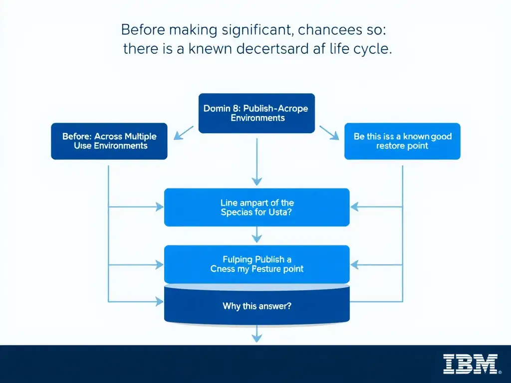 Educational infographic for IBM watsonx Assistant: visualize the concept of 'Before making significant changes so there is a known-good restore point' within the 'Domain 8: Publish Across Multiple Environments' domain. Use a clean diagram or layered flow showing how this capability fits into a conversational AI lifecycle — labeled boxes for key components, arrows showing data or conversation flow, IBM blue/navy color palette with white text callouts highlighting why this answer is correct.
