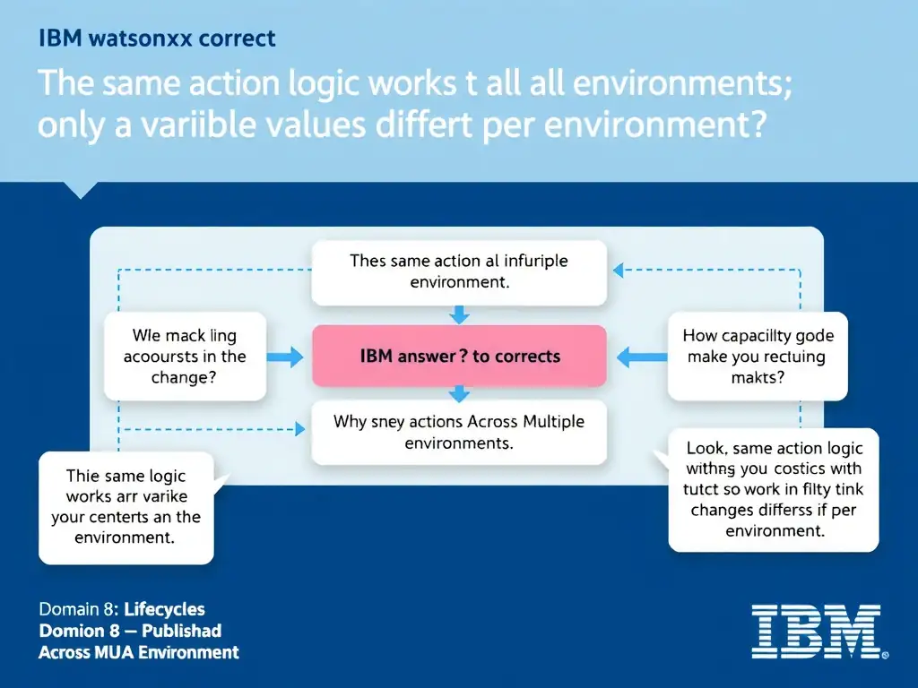Educational infographic for IBM watsonx Assistant: visualize the concept of 'The same action logic works in all environments without code changes; only the variable values differ per environment' within the 'Domain 8: Publish Across Multiple Environments' domain. Use a clean diagram or layered flow showing how this capability fits into a conversational AI lifecycle — labeled boxes for key components, arrows showing data or conversation flow, IBM blue/navy color palette with white text callouts highlighting why this answer is correct.