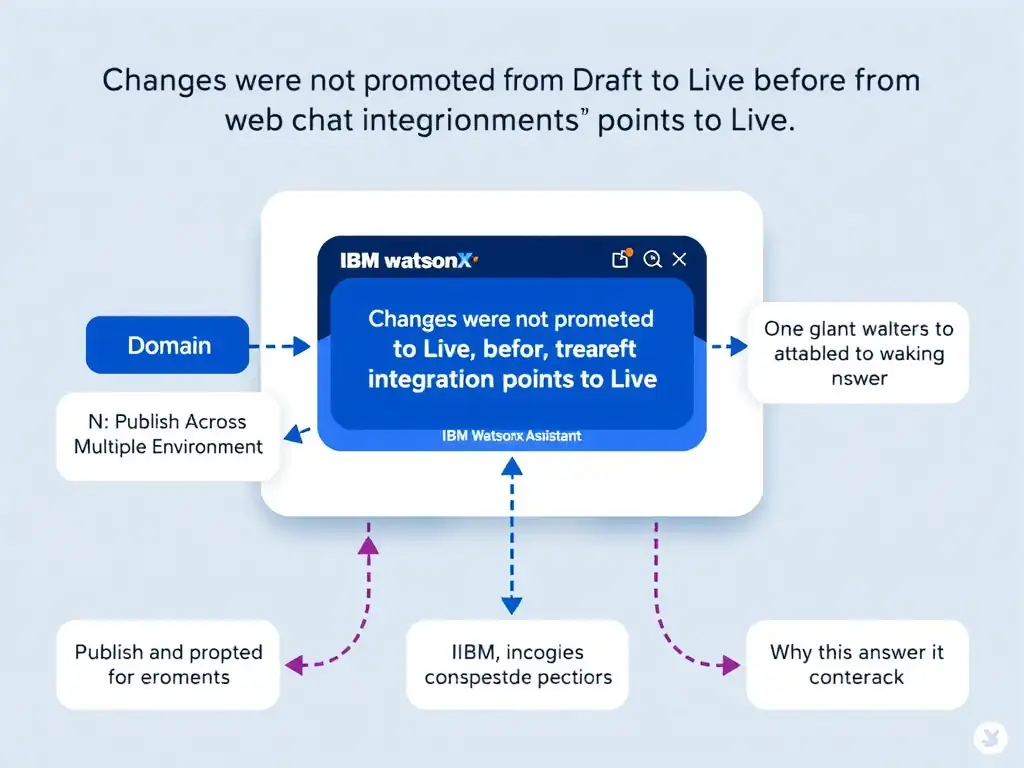 Educational infographic for IBM watsonx Assistant: visualize the concept of 'Changes were not promoted from Draft to Live before the web chat integration points to Live' within the 'Domain 8: Publish Across Multiple Environments' domain. Use a clean diagram or layered flow showing how this capability fits into a conversational AI lifecycle — labeled boxes for key components, arrows showing data or conversation flow, IBM blue/navy color palette with white text callouts highlighting why this answer is correct.