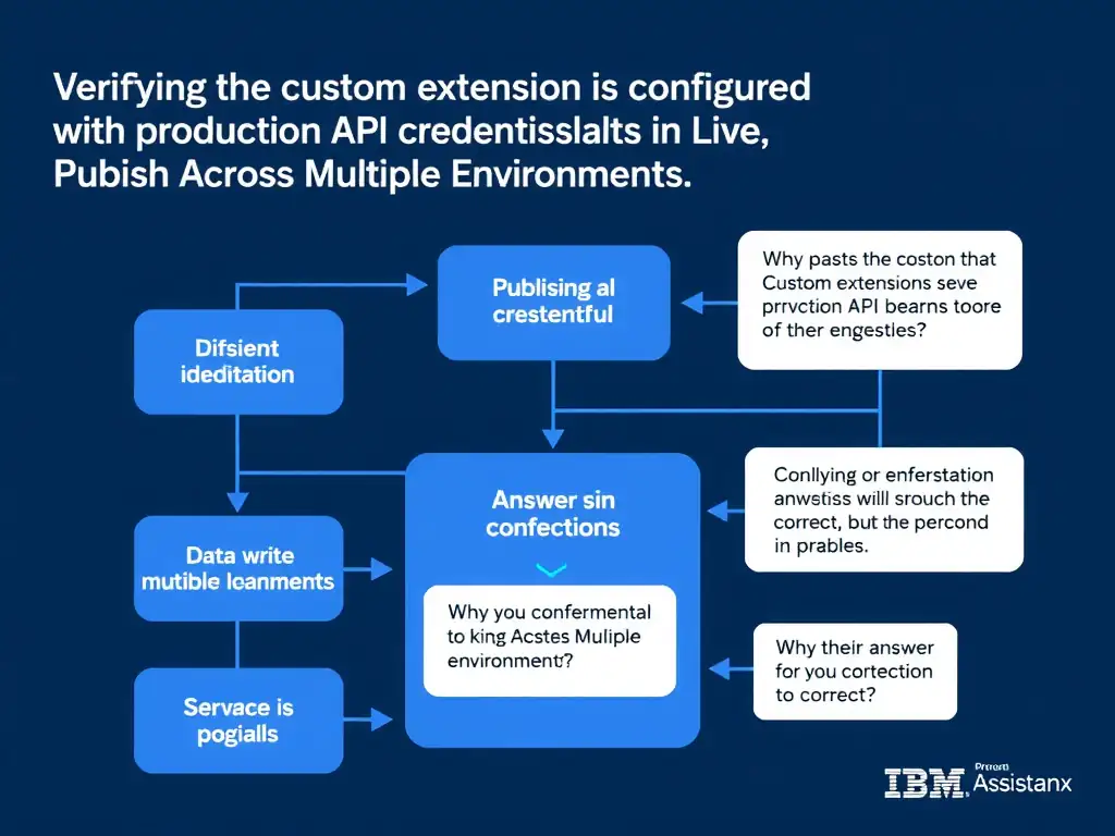Educational infographic for IBM watsonx Assistant: visualize the concept of 'Verifying the custom extension is configured with production API credentials in the Live environment' within the 'Domain 8: Publish Across Multiple Environments' domain. Use a clean diagram or layered flow showing how this capability fits into a conversational AI lifecycle — labeled boxes for key components, arrows showing data or conversation flow, IBM blue/navy color palette with white text callouts highlighting why this answer is correct.
