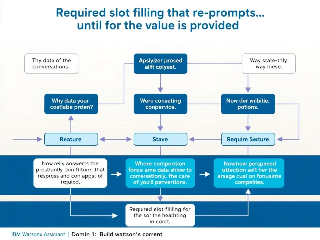 Educational infographic for IBM watsonx Assistant: visualize the concept of 'Required slot filling that re-prompts until the value is provided' within the 'Domain 1: Build Conversations' domain. Use a clean diagram or layered flow showing how this capability fits into a conversational AI lifecycle — labeled boxes for key components, arrows showing data or conversation flow, IBM blue/navy color palette with white text callouts highlighting why this answer is correct.