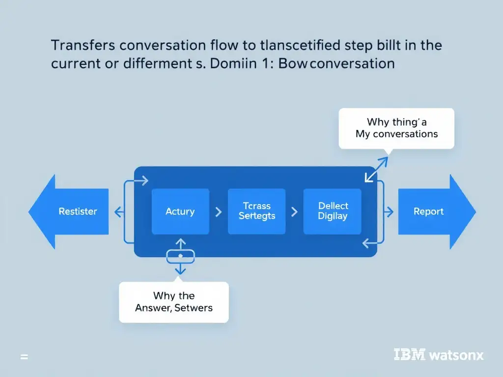 Educational infographic for IBM watsonx Assistant: visualize the concept of 'Transfers conversation flow to a specified step in the current or different action' within the 'Domain 1: Build Conversations' domain. Use a clean diagram or layered flow showing how this capability fits into a conversational AI lifecycle — labeled boxes for key components, arrows showing data or conversation flow, IBM blue/navy color palette with white text callouts highlighting why this answer is correct.