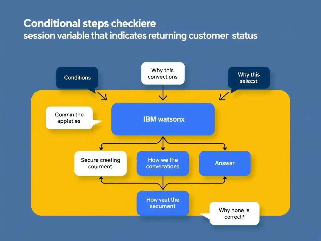 Educational infographic for IBM watsonx Assistant: visualize the concept of 'Conditional steps checking a session variable that indicates returning customer status' within the 'Domain 1: Build Conversations' domain. Use a clean diagram or layered flow showing how this capability fits into a conversational AI lifecycle — labeled boxes for key components, arrows showing data or conversation flow, IBM blue/navy color palette with white text callouts highlighting why this answer is correct.