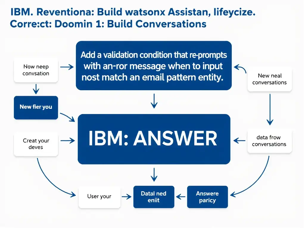 Educational infographic for IBM watsonx Assistant: visualize the concept of 'Add a validation condition that re-prompts with an error message when the input does not match an email pattern entity' within the 'Domain 1: Build Conversations' domain. Use a clean diagram or layered flow showing how this capability fits into a conversational AI lifecycle — labeled boxes for key components, arrows showing data or conversation flow, IBM blue/navy color palette with white text callouts highlighting why this answer is correct.
