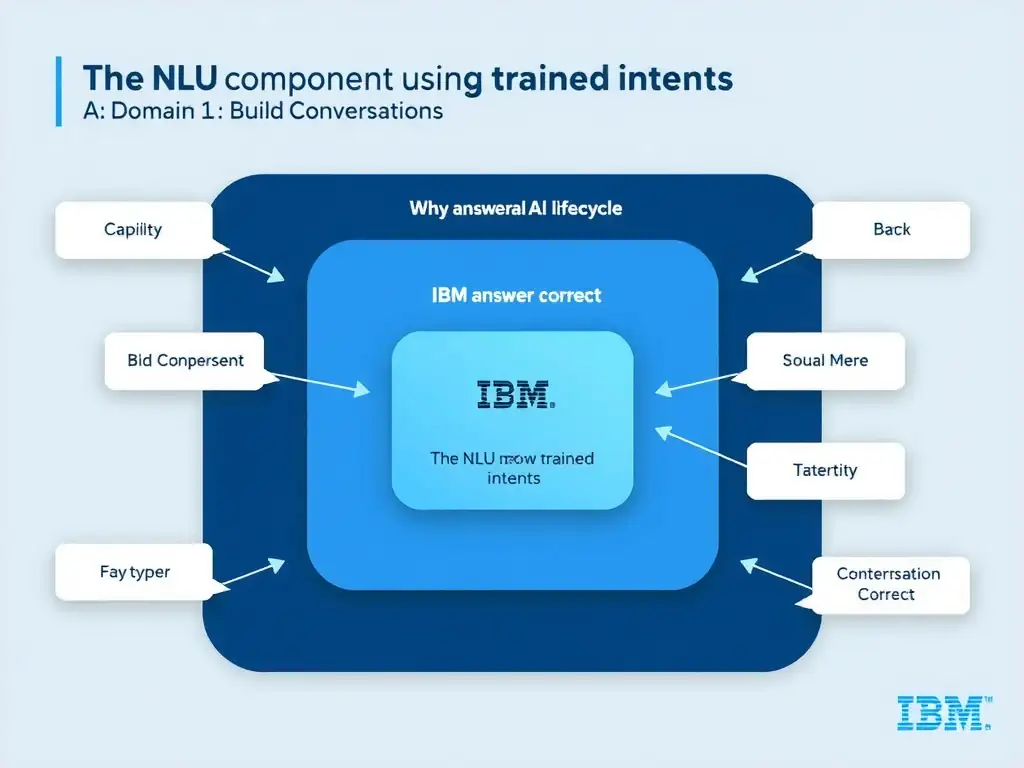 Educational infographic for IBM watsonx Assistant: visualize the concept of 'The NLU component using trained intents' within the 'Domain 1: Build Conversations' domain. Use a clean diagram or layered flow showing how this capability fits into a conversational AI lifecycle — labeled boxes for key components, arrows showing data or conversation flow, IBM blue/navy color palette with white text callouts highlighting why this answer is correct.