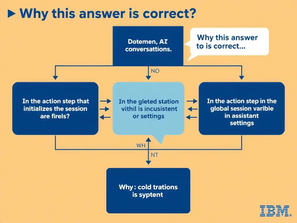 Educational infographic for IBM watsonx Assistant: visualize the concept of 'In the action step that initializes the session or in the global session variable defaults in assistant settings' within the 'Domain 1: Build Conversations' domain. Use a clean diagram or layered flow showing how this capability fits into a conversational AI lifecycle — labeled boxes for key components, arrows showing data or conversation flow, IBM blue/navy color palette with white text callouts highlighting why this answer is correct.