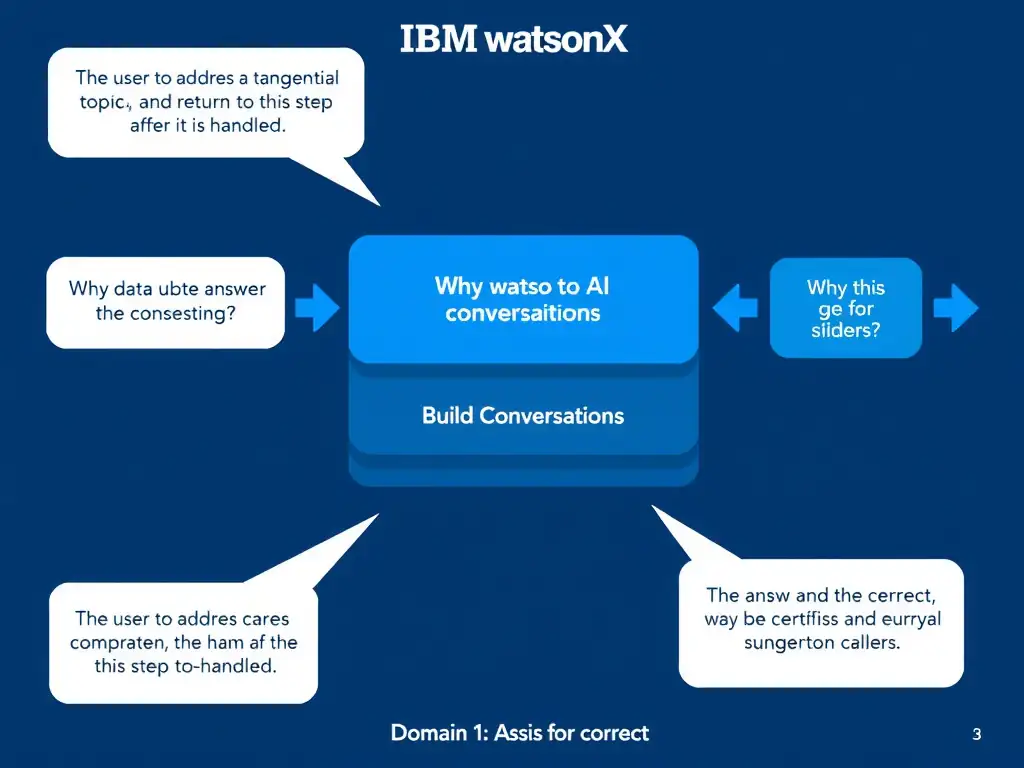 Educational infographic for IBM watsonx Assistant: visualize the concept of 'The user to address a tangential topic and return to this step after it is handled' within the 'Domain 1: Build Conversations' domain. Use a clean diagram or layered flow showing how this capability fits into a conversational AI lifecycle — labeled boxes for key components, arrows showing data or conversation flow, IBM blue/navy color palette with white text callouts highlighting why this answer is correct.