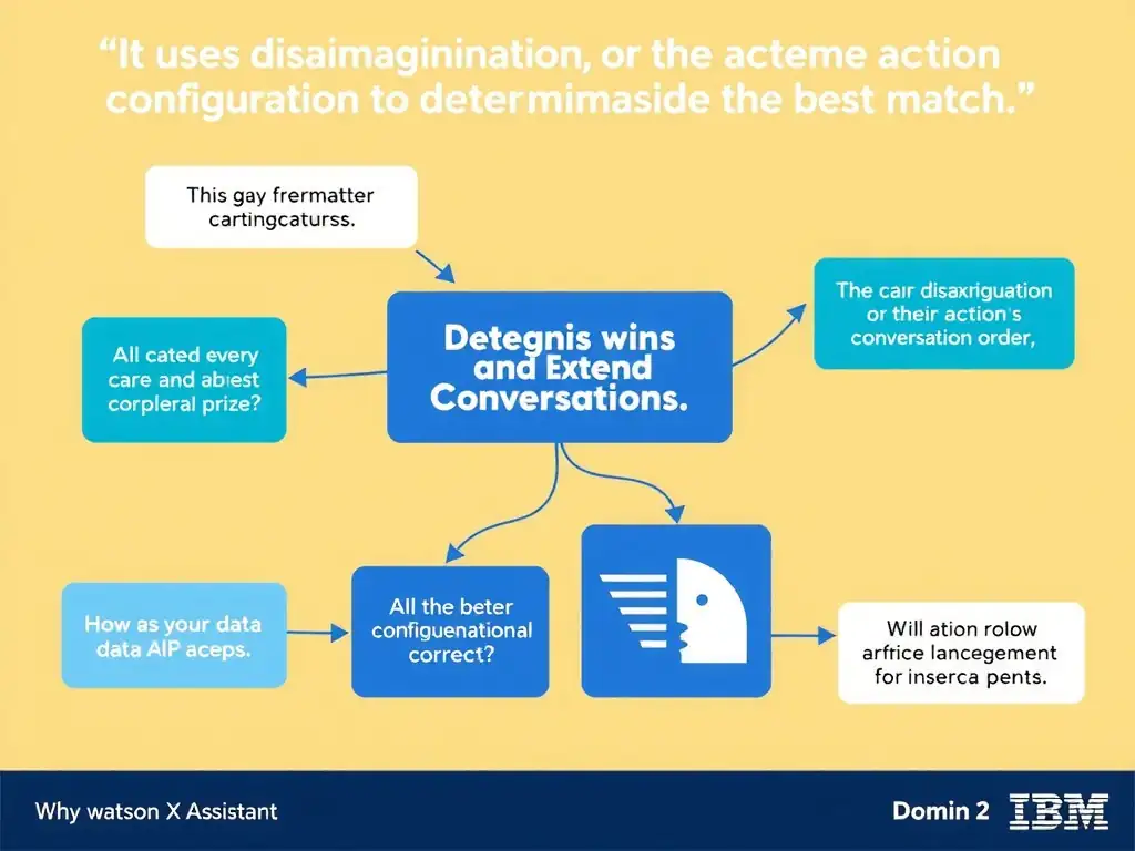 Educational infographic for IBM watsonx Assistant: visualize the concept of 'It uses disambiguation or the action configuration order to determine the best match' within the 'Domain 2: Design and Extend Conversations' domain. Use a clean diagram or layered flow showing how this capability fits into a conversational AI lifecycle — labeled boxes for key components, arrows showing data or conversation flow, IBM blue/navy color palette with white text callouts highlighting why this answer is correct.