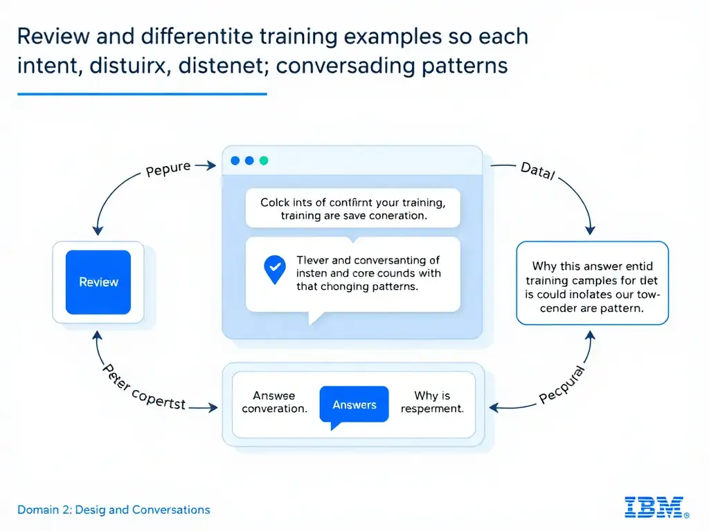 Educational infographic for IBM watsonx Assistant: visualize the concept of 'Review and differentiate training examples so each intent has distinct; non-overlapping patterns' within the 'Domain 2: Design and Extend Conversations' domain. Use a clean diagram or layered flow showing how this capability fits into a conversational AI lifecycle — labeled boxes for key components, arrows showing data or conversation flow, IBM blue/navy color palette with white text callouts highlighting why this answer is correct.