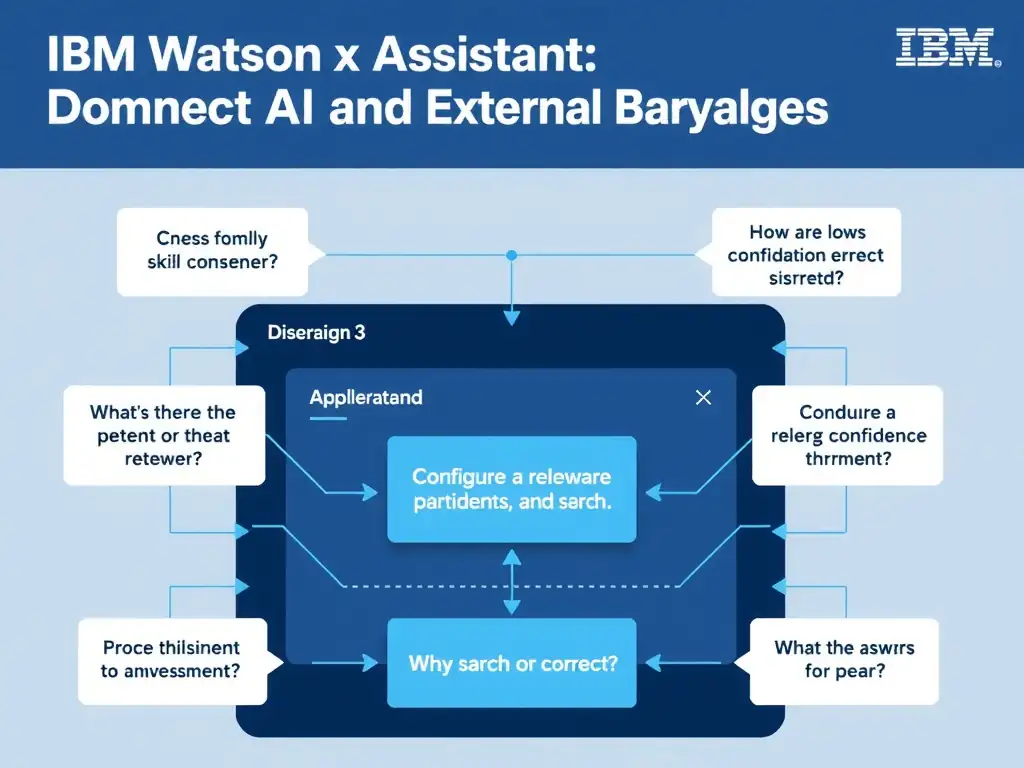 Educational infographic for IBM watsonx Assistant: visualize the concept of 'Configure a relevance confidence threshold in the search skill settings' within the 'Domain 3: Connect AI and External Knowledge' domain. Use a clean diagram or layered flow showing how this capability fits into a conversational AI lifecycle — labeled boxes for key components, arrows showing data or conversation flow, IBM blue/navy color palette with white text callouts highlighting why this answer is correct.