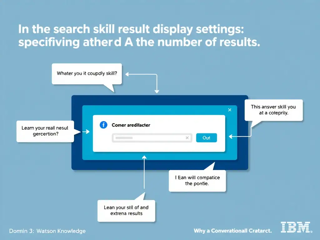 Educational infographic for IBM watsonx Assistant: visualize the concept of 'In the search skill result display settings specifying the number of results' within the 'Domain 3: Connect AI and External Knowledge' domain. Use a clean diagram or layered flow showing how this capability fits into a conversational AI lifecycle — labeled boxes for key components, arrows showing data or conversation flow, IBM blue/navy color palette with white text callouts highlighting why this answer is correct.