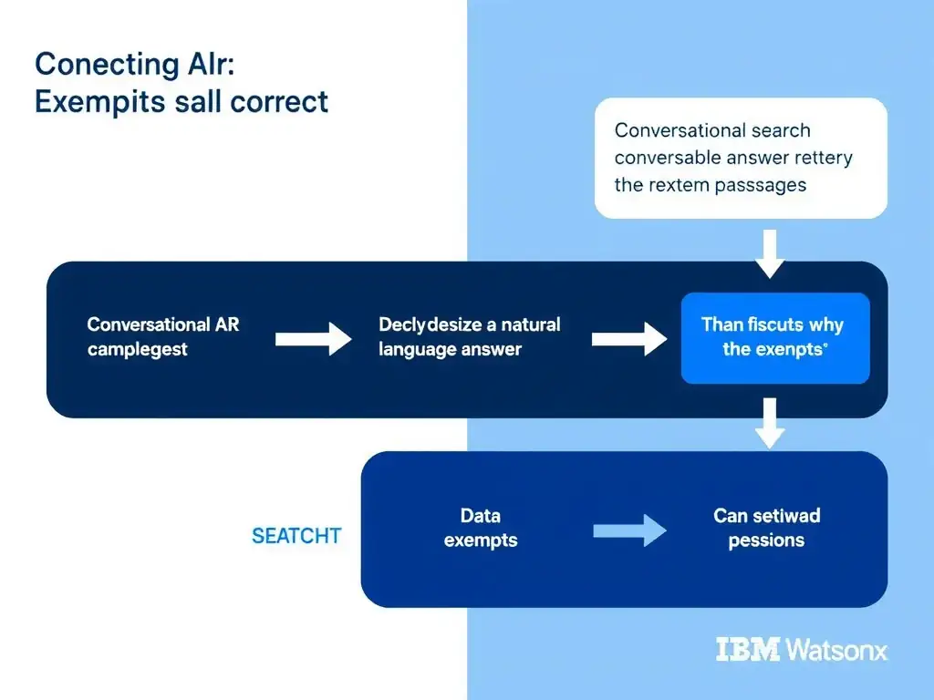 Educational infographic for IBM watsonx Assistant: visualize the concept of 'Conversational search uses an LLM to synthesize a natural language answer from retrieved passages rather than displaying raw excerpts' within the 'Domain 3: Connect AI and External Knowledge' domain. Use a clean diagram or layered flow showing how this capability fits into a conversational AI lifecycle — labeled boxes for key components, arrows showing data or conversation flow, IBM blue/navy color palette with white text callouts highlighting why this answer is correct.