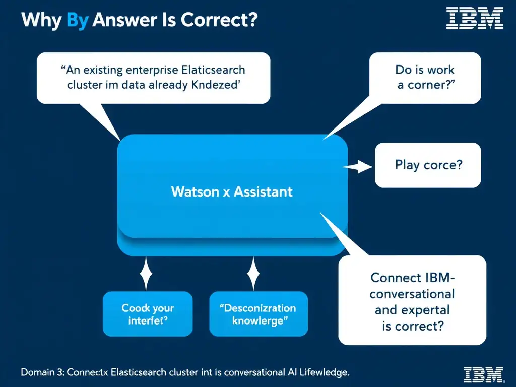 Educational infographic for IBM watsonx Assistant: visualize the concept of 'An existing enterprise Elasticsearch cluster with data already indexed' within the 'Domain 3: Connect AI and External Knowledge' domain. Use a clean diagram or layered flow showing how this capability fits into a conversational AI lifecycle — labeled boxes for key components, arrows showing data or conversation flow, IBM blue/navy color palette with white text callouts highlighting why this answer is correct.