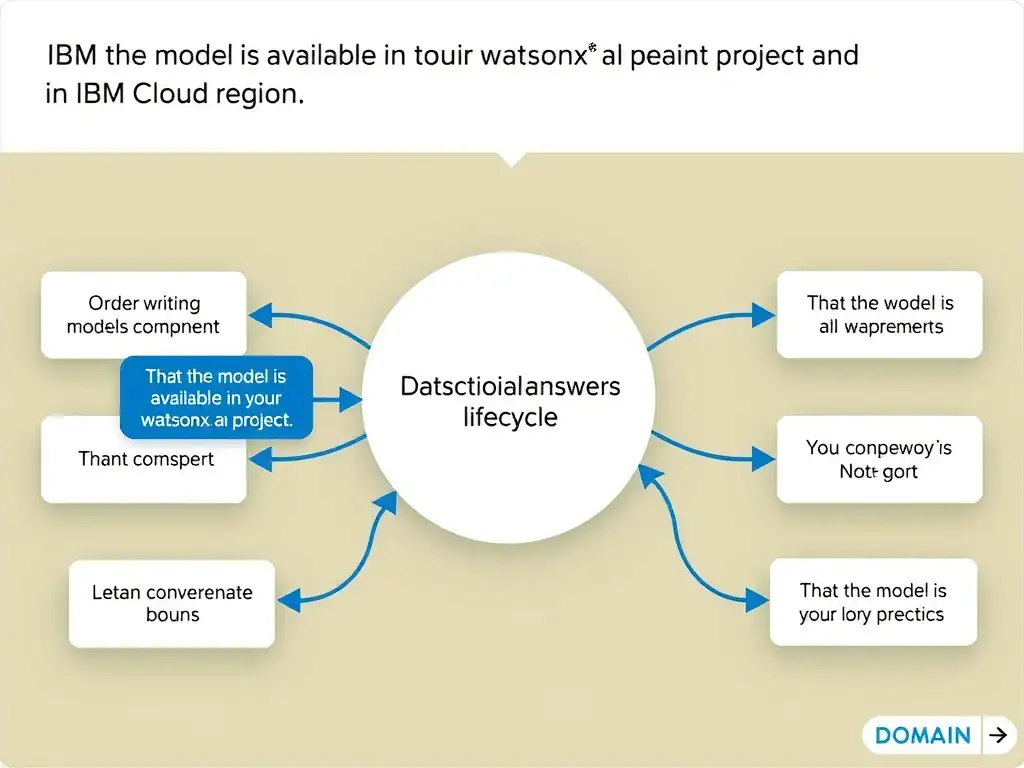 Educational infographic for IBM watsonx Assistant: visualize the concept of 'That the model is available in their watsonx.ai project and IBM Cloud region' within the 'Domain 4: Integrate with watsonx' domain. Use a clean diagram or layered flow showing how this capability fits into a conversational AI lifecycle — labeled boxes for key components, arrows showing data or conversation flow, IBM blue/navy color palette with white text callouts highlighting why this answer is correct.