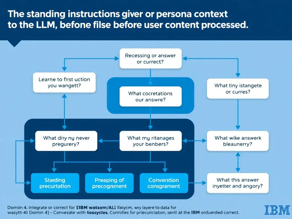 Educational infographic for IBM watsonx Assistant: visualize the concept of 'The standing instructions or persona context given to the LLM before user content is processed' within the 'Domain 4: Integrate with watsonx' domain. Use a clean diagram or layered flow showing how this capability fits into a conversational AI lifecycle — labeled boxes for key components, arrows showing data or conversation flow, IBM blue/navy color palette with white text callouts highlighting why this answer is correct.